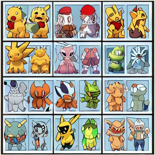 Prompt: a 3x3 3 cells by 3 cells alignment chart showing various Pokemon