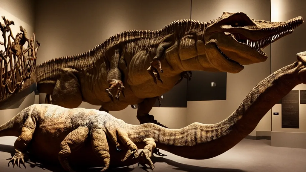 Prompt: a dinosaur relaxing at a museum, film still from the movie directed by Denis Villeneuve with art direction by Salvador Dalí, wide lens