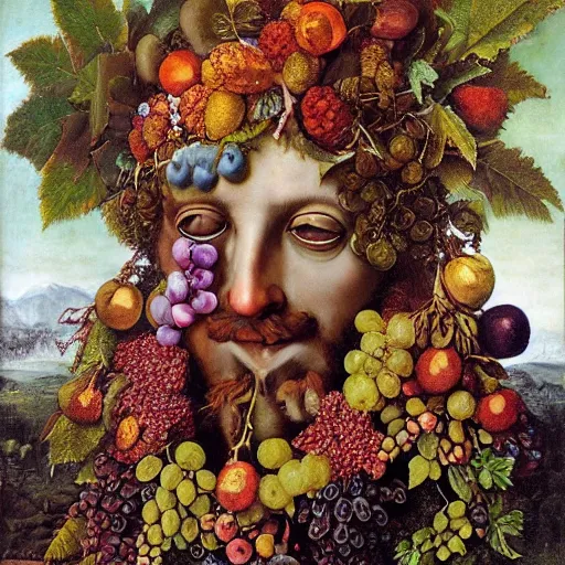 Prompt: psychedelic beautiful god dionysus with leaves and grape in his hair by arcimboldo