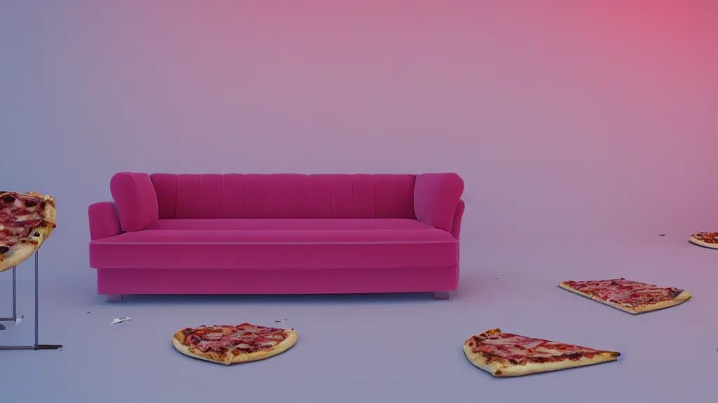 Image similar to pizza party on vintage pink velour sofa, group of friends, pizza slizes, medium shot, white walls, daytime, soft light through blinds, particles, unreal 5, detailed, volumetric lighting, michelangelo, cinematic, 3 5 mm lens, f 2. 8, 4 k