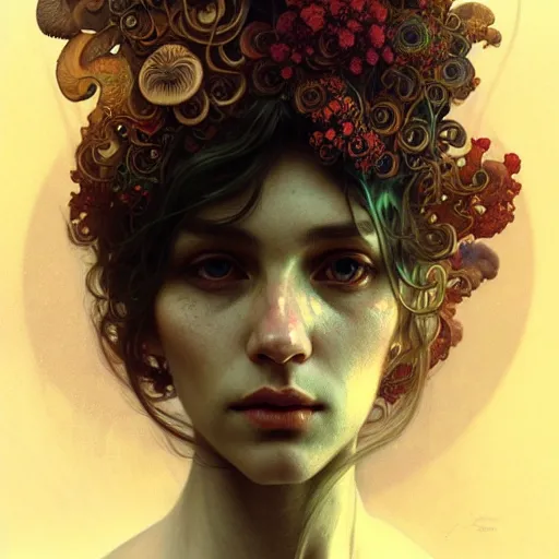 Image similar to An extremely psychedelic portrait, surreal, mushrooms, face, detailed, intricate, elegant, lithe, highly detailed, digital painting, artstation, concept art, smooth, sharp focus, illustration, art by Krenz Cushart and Artem Demura and alphonse mucha