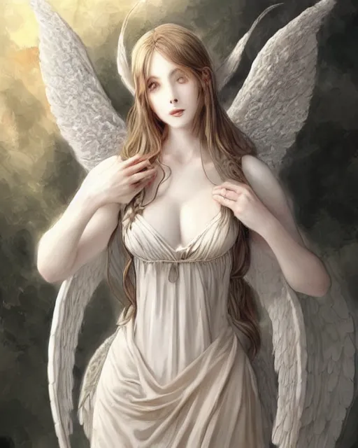 Image similar to an infinitely detailed portrait of a frail and pale female peace angel elegantly. fully - clothed full - body, beautiful! scenery art!! coherent! by wlop & murata, victorian color palette, artstation / pixiv!! highly elegantly armored angel portrait full - body, dreamy art