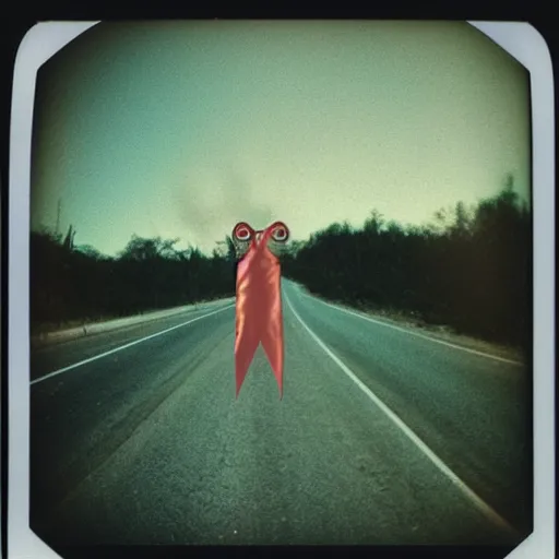 Prompt: found polaroid picture, flash, mutant creature in the middle of a deserted highway, eerie