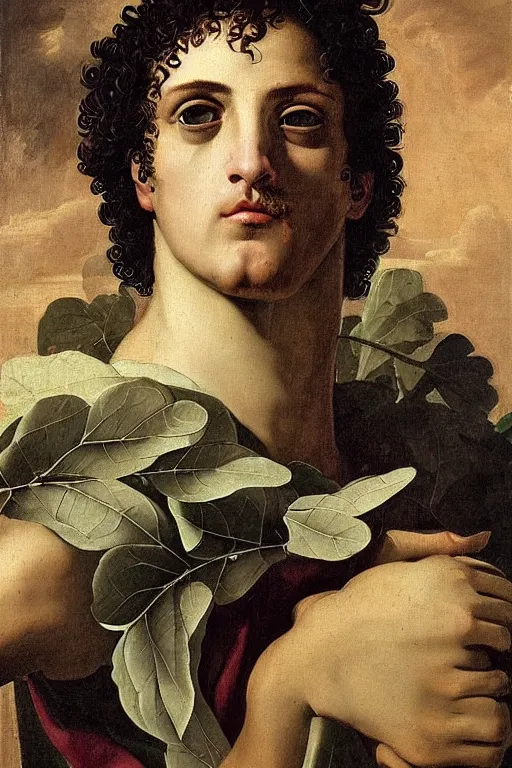 Image similar to renaissance painting of man, short curly hair, evil face, emotions closeup, dressed in roman armour, the beautiful garden with leaves, ultra detailed, art by Guido Reni style, Vincenzo Catena style