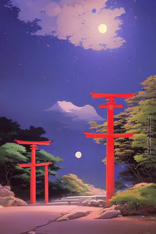 Prompt: a traditional Japanese quite Torii on a mountain, dark,night , MOON IN SKY, by studio ghibli painting, clouds, wide angle , low-angle shot, by Joaquin Sorolla rhads Leyendecker, by Ohara Koson and Thomas Kinkade, traditional Japanese colors, superior quality, masterpiece