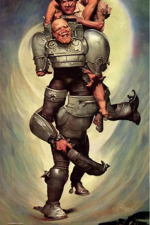 Prompt: 5 0 s pulp scifi fantasy illustration full body portrait martyn ford as huge troll wearing space armour and carrying a woman, by norman rockwell, roberto ferri, daniel gerhartz, edd cartier, jack kirby, howard v brown, ruan jia, tom lovell, frank r paul, jacob collins, dean cornwell, astounding stories, amazing, fantasy, other worlds