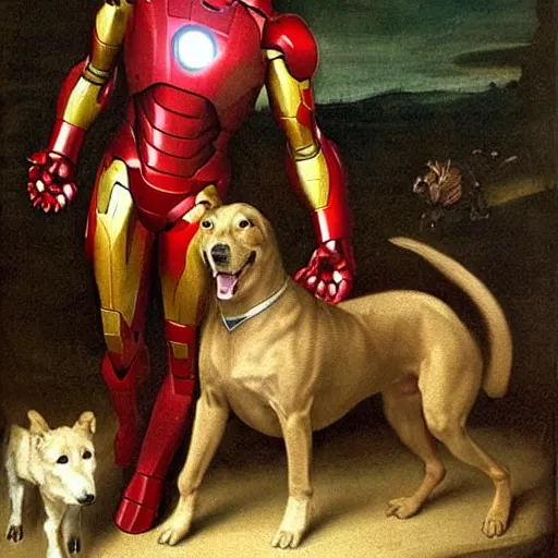 Image similar to renaissance painting of iron man as a dog