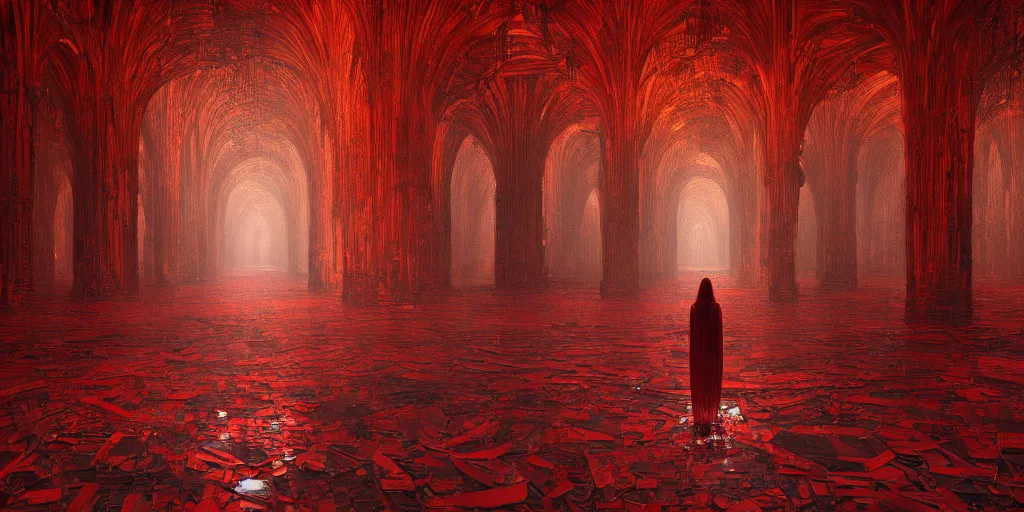 Prompt: a hyper intricate oil portrait red cathedral interior, excellent composition, wide shot, by zdzislaw beksinski, intricate, horror atmosphere, unreal engine 5 highly rendered, global illumination