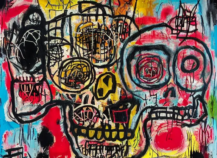 Image similar to bokeh roses growing out of one single skull by jean-michel basquiat, david choe and alex gray painting, intricately highly detailed art piece