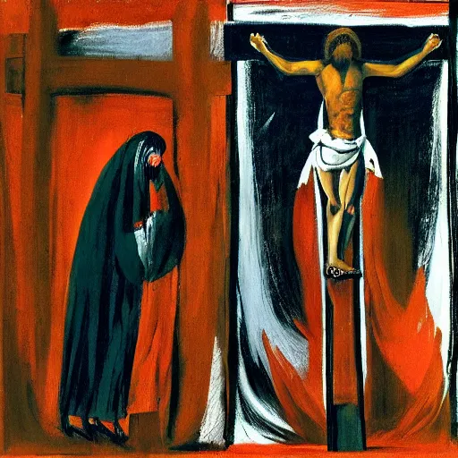 Image similar to francis bacon painting, figures at the base of a crucifixion, boris johnson