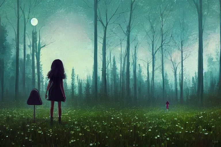 Prompt: giant daisy flower head, girl walking in a moonlit forest, hills, surreal photography, dark night, star trails, dramatic light, impressionist painting, clouds, digital painting, artstation, simon stalenhag