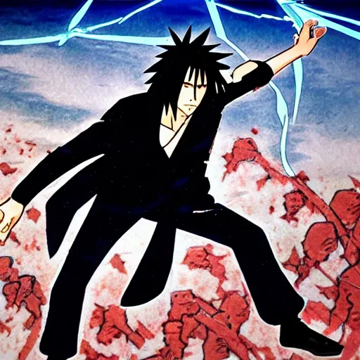 Prompt: Keanu Reeves teaches Sasuke how to chidori illustrated by Kishimoto highly detailed manga panel