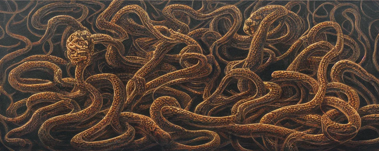 Prompt: a detailed oil painting of a dark void full of snakes in the style of Bob Ross and Giger