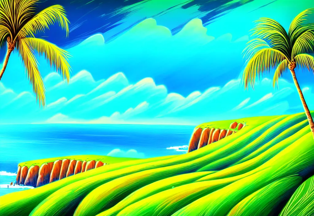 Image similar to a beautiful illustration of a breathtaking nature landscape vivid colors hills ocean cliffs palm trees by gediminas pr