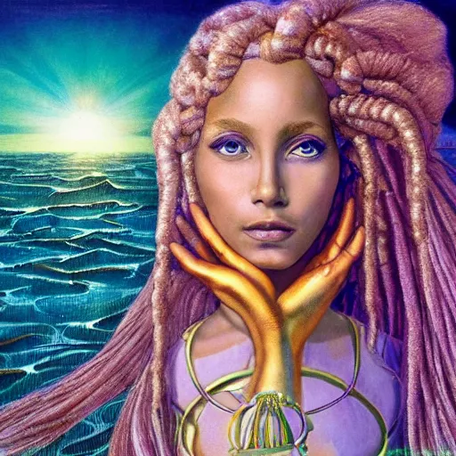 Image similar to techno mystic goddess princess intergalactica, with aqua neon rapunzel dreadlocks, detailed, wearing seashell attire, crystal pathway to atlantis floating on the sea, by gilbert williams masterpiece, sharp focus, sandro botticelli