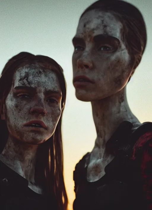 Image similar to cinestill 5 0 d photographic portrait of two loving female androids wearing rugged black techwear on a desolate plain with a red topographic pattern sky, extreme closeup, cyberpunk style, dust storm, 8 k, hd, high resolution, 3 5 mm, f / 3 2, ultra realistic faces, ex machina