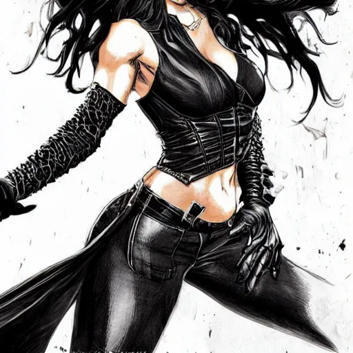 Prompt: a black haired woman in a leather jacket, muscular upper body, abs, d & d, fantasy, intricate, elegant, highly detailed, digital painting, artstation, concept art, smooth, sharp focus, illustration, art by mike deodato