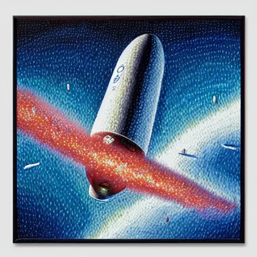 Image similar to spacex starship rocket landing on earth, pointillism painting