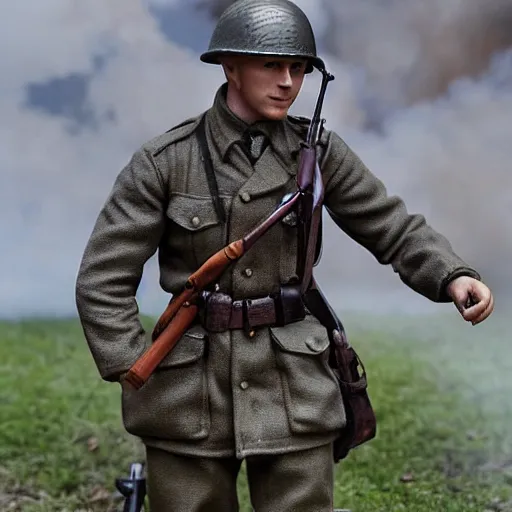 Image similar to 1/35 scale figurine of german ww2 soldier set on fire, burning plastic, scale model photography, 8k, hyper realistic