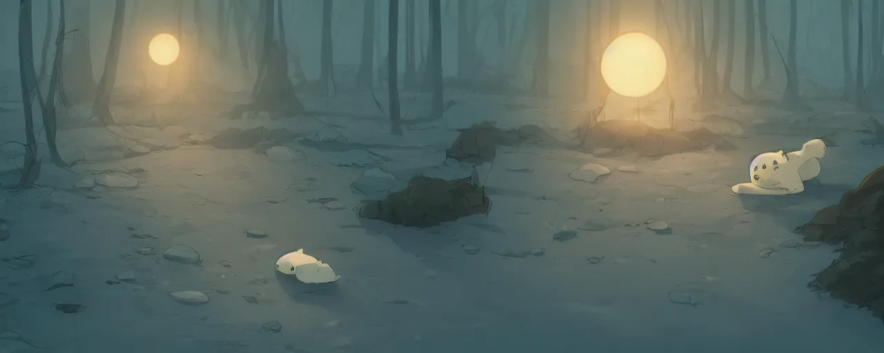 Prompt: a baby harp seal skeleton on the bank of a tropical river, atey ghailan, goro fujita, studio ghibli, rim light, dark lighting, clear focus, very coherent