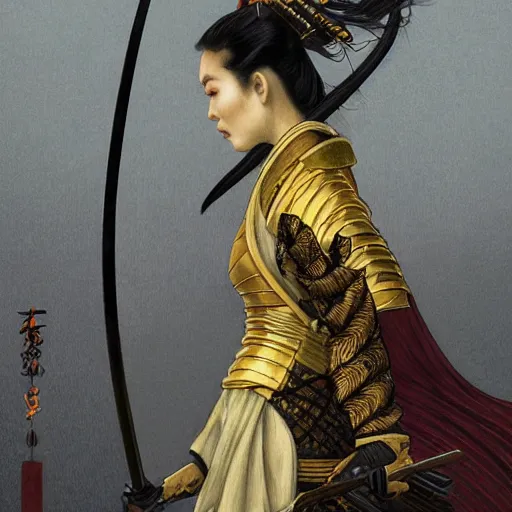 Image similar to a tarot card of a female samurai, flaming katana, ominous nighttime storm, fantasy, d & d, intricate, elegant, highly detailed, digital painting, artstation, concept art, matte, sharp focus, illustration, art by john collier and albert aublet and krenz cushart and artem demura and alphonse mucha