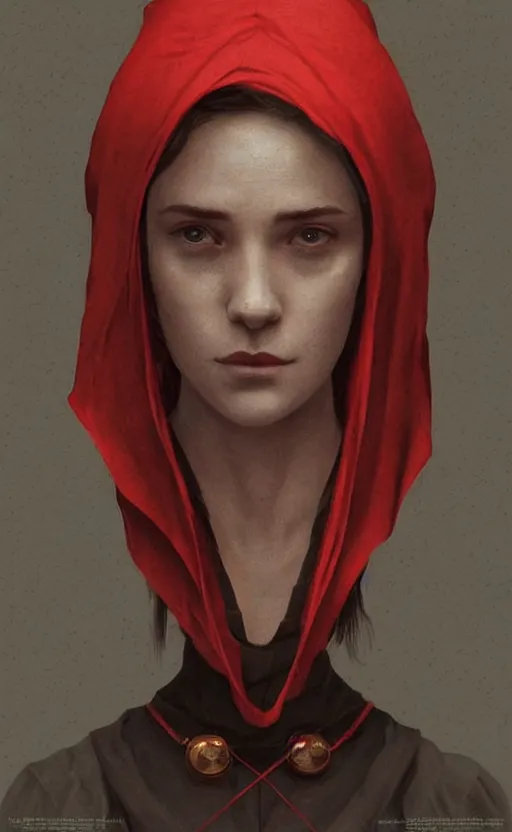 Image similar to portrait of a dystopian woman wearing an outfit inspired by the handmaid ’ s tale ( 2 0 1 7 ), intricate, headshot, highly detailed, digital painting, artstation, concept art, sharp focus, cinematic lighting, digital painting, art by artgerm and greg rutkowski, alphonse mucha, cgsociety