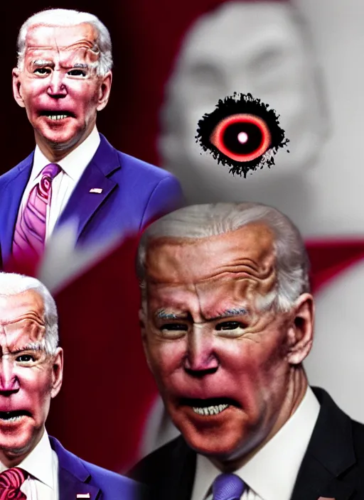 Image similar to hyper realistic photo Doom angry wrathful furious glowing red eyes biden