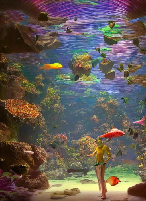 Prompt: people observing lots of beautiful fish in an underground aquarium corridor, in the style of frank neidhardt, fantasy art, ray tracing, water droplets, highly detailed, artstation trend, highly detailed and intricate, sharp focus, photography, unreal engine 5