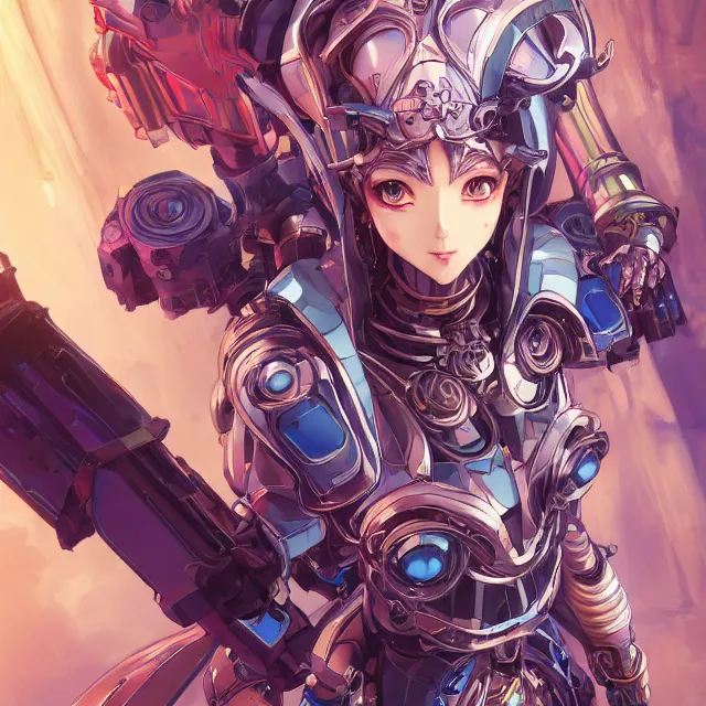 Image similar to studio portrait of lawful good colorful female holy mecha paladin absurdly beautiful, elegant, young cute anime girl, ultrafine hyperrealistic detailed face illustration by kim jung gi, irakli nadar, intricate linework, sharp focus, bright colors, matte, octopath traveler, final fantasy, unreal engine highly rendered, global illumination, radiant light, intricate environment