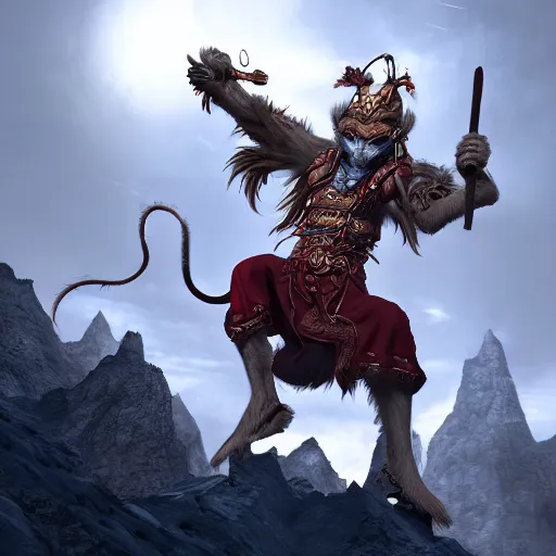 Image similar to a fantasy wukong by wu daozi, taoism, HD, 8k, vray,