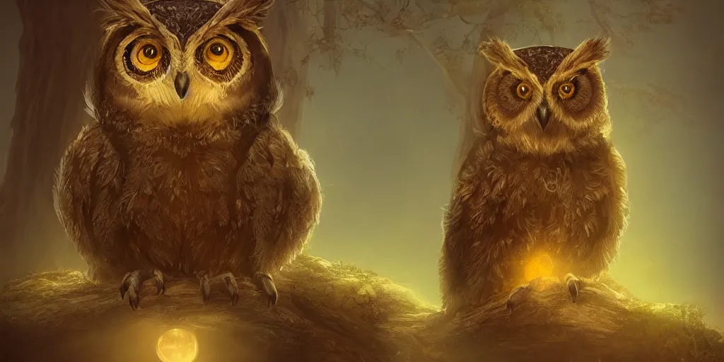 Image similar to an owl and bear hybrid, vintage disney, golden hour lighting, Gothic ,Fantasy style, serene, quiet, light, calm, subtle, peaceful, Photorealistic, Award Winning, Trending on ArtStation, Detailed