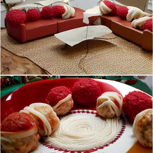 Image similar to spaghetti and meatballs shaped into a living room set