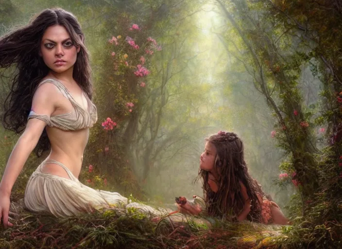 Image similar to Mila Kunis staring into the camera, misty wisps, Lilia Alvarado, Sophie Anderson, Mark Arian, Bob Byerley, Charlie Bowater, Mark Brooks, Steve Henderson, Justin Gerard, Arthur Hughes, Edward Robert Hughes, Mark Keathley, Victor Nizovtsev, Carlos Shwabe, Ross Tran, WLOP