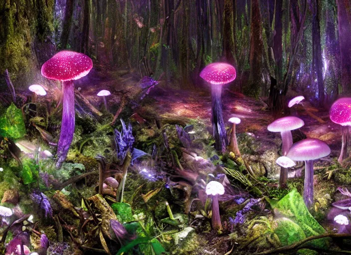 Prompt: glowing delicate flower and mushrooms that grow in a dark fatansy forest on the planet Pandora,