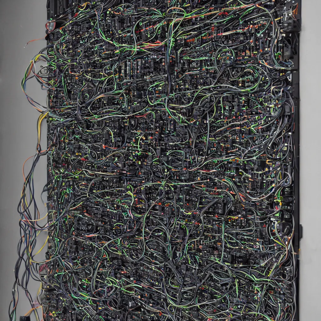 Prompt: Eurorack synthesizer wall with a bunch of patch cable connections, the eurorack's faceplate can be seen perfectly, detailed, high contrast, 8k, in the style of Caravaggio, oil painting