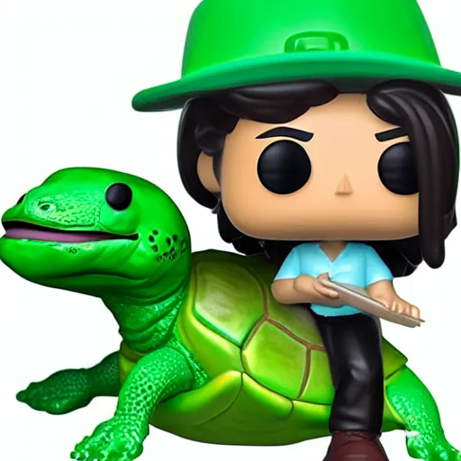 Image similar to funko pop wearing green shirt riding a giant turtle