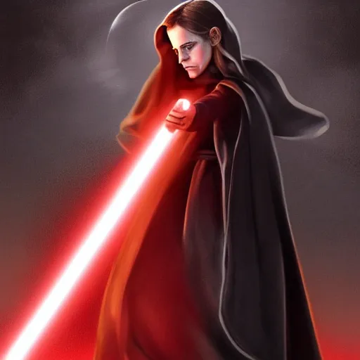 Image similar to emma watson as a sith lord with a cloak and a lightsaber, commissioned fan art