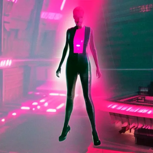 Image similar to joi from blade runner 2 0 4 9 as a giant pink translucent hologram, neo - noire