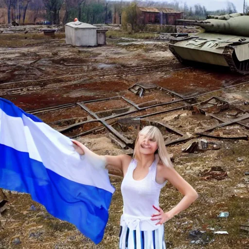 Image similar to slavic happy blond girl standing in front of remains of house and tanks with russian flags