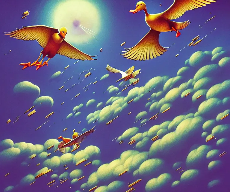 Prompt: hyper detailed 3d render like a Oil painting - a cartoon duck soaring far above the earth into deep space, by Jacek Yerka, Mariusz Lewandowski, Houdini algorithmic generative render, Abstract brush strokes, Masterpiece, Edward Hopper and James Gilleard, Zdzislaw Beksinski, Mark Ryden, Wolfgang Lettl, hints of Yayoi Kasuma, octane render, 8k