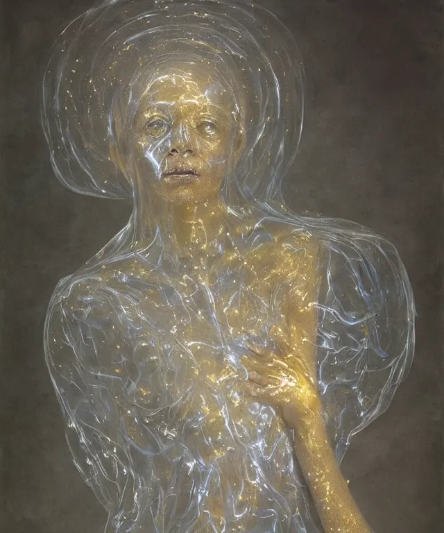 Prompt: Beautiful full-body wax sculpture of glowing transparent woman with visible gold bones covered with melted white wax inside the singularity where stars becoming baroque folds of dark matter by Michelangelo da Caravaggio, Nicola Samori, William Blake, Alex Grey and Beksinski, dramatic volumetric lighting, highly detailed oil painting, 8k, masterpiece