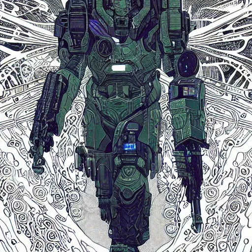 Image similar to stunningly intricate illustration of a cyberpunk explorer with active camo from halo, highly detailed, midnight, by josan gonzalez, victo ngai, moebius, laurie greasley