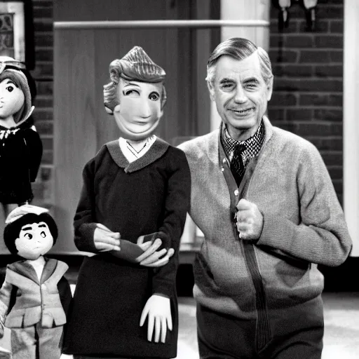 Prompt: mister rogers neighborhood noir, mister fred rogers is investigating the crime in the neighborhood of make - believe. king friday is injured. queen sara is the damsel in distress. lady elaine fairchilde is the criminal.