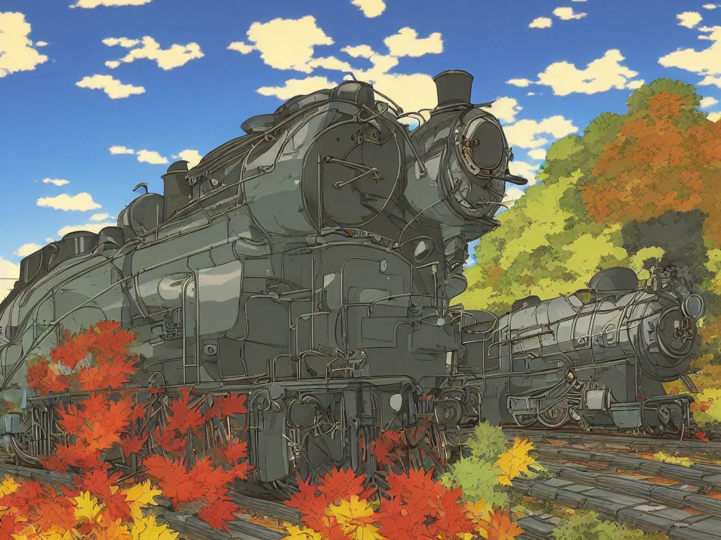 Image similar to cross - section close - up sideview of a steam anime train, autumn light, colorful, nausicaa of the valley of the wind, beautiful, by studio ghibli, digital art, concept art, manga, cute and adorable, illustration