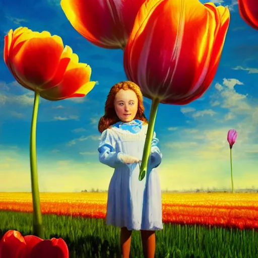 Image similar to dutch girl with singular giant tulip as a head, surreal photography, flower field, sunset dramatic light, impressionist painting, colorful clouds, blue sky, digital painting, artstation, simon stalenhag