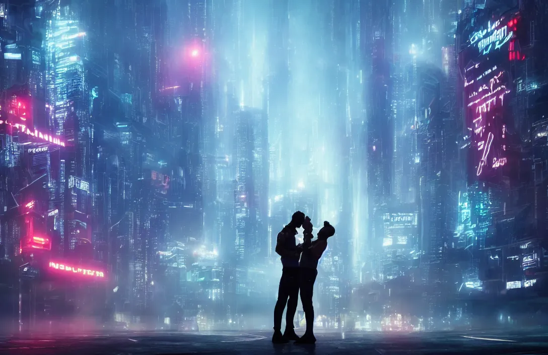 Image similar to men kissing in front of a foggy view of cyberpunk style future city, neon lights, a hyper realistic professional photographic view,very beautiful scenery, very realistic painting effect, hd, hdr, cinematic 4k wallpaper, 8k, ultra detailed, high resolution,