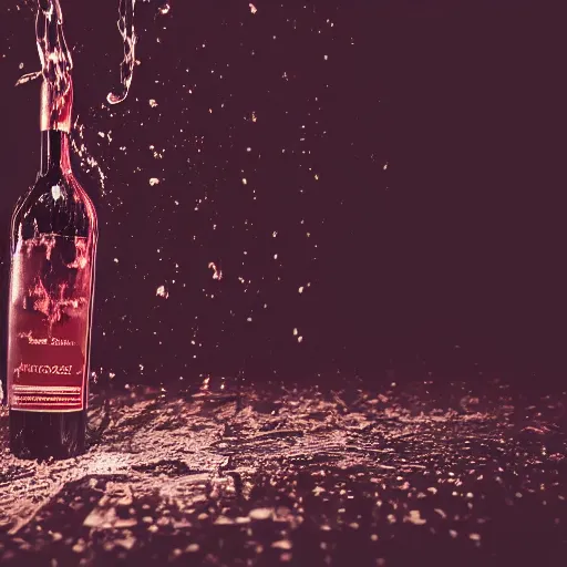 Image similar to photography of a wine bottle crashing on the floor, bottom bottle explode but bottle neck remain, clear view on the label, wine splash, cinematographic look, award photography