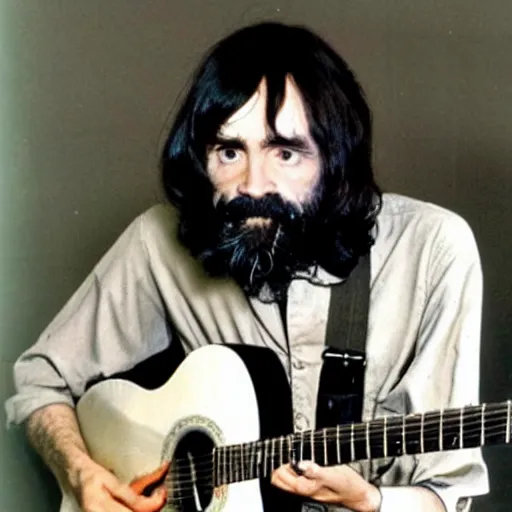 Image similar to charles manson playing guitar with the beatles, high quality photography, realistic, detailed, uncropped, realistic face,