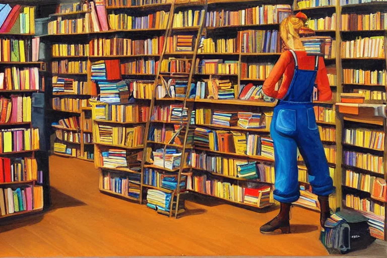 Image similar to woman wearing overalls in a bookstore warm colors painting moebius isometric