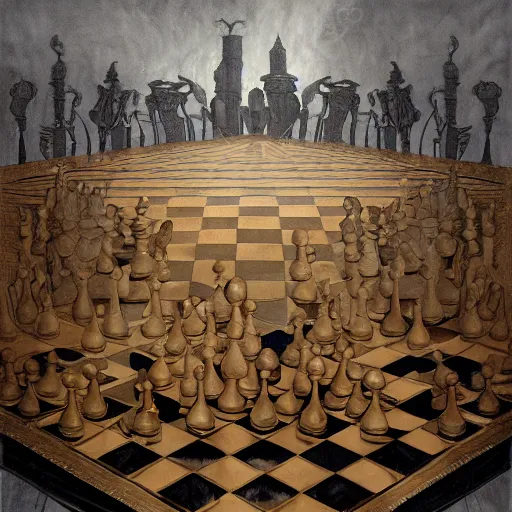Prompt: A beautiful 3D painting of a sprawling intricate chess board populated by elegant chess pieces by maxfield parrish and Andreas Rocha and nicola samori and arthur rackham, volumetric lighting, dynamic lighting, dramatic lighting, high contrast, concept art, marble, religious, magic realism, catholicpunk, stark, trending on artstation:3, kintsugi, opalescent, obsidian, octane render, diorama, royalty:1, oversaturated, dof, depth of field, blurry:-1